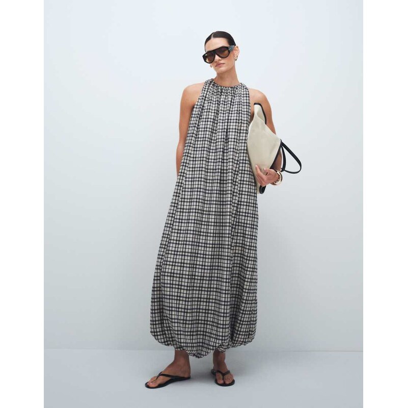 ASOS DESIGN halter neck maxi dress with puff hem in mono check