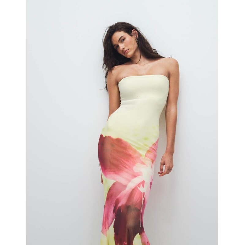 Murci mesh bandeau fishtail maxi dress in lemon and pink flower
