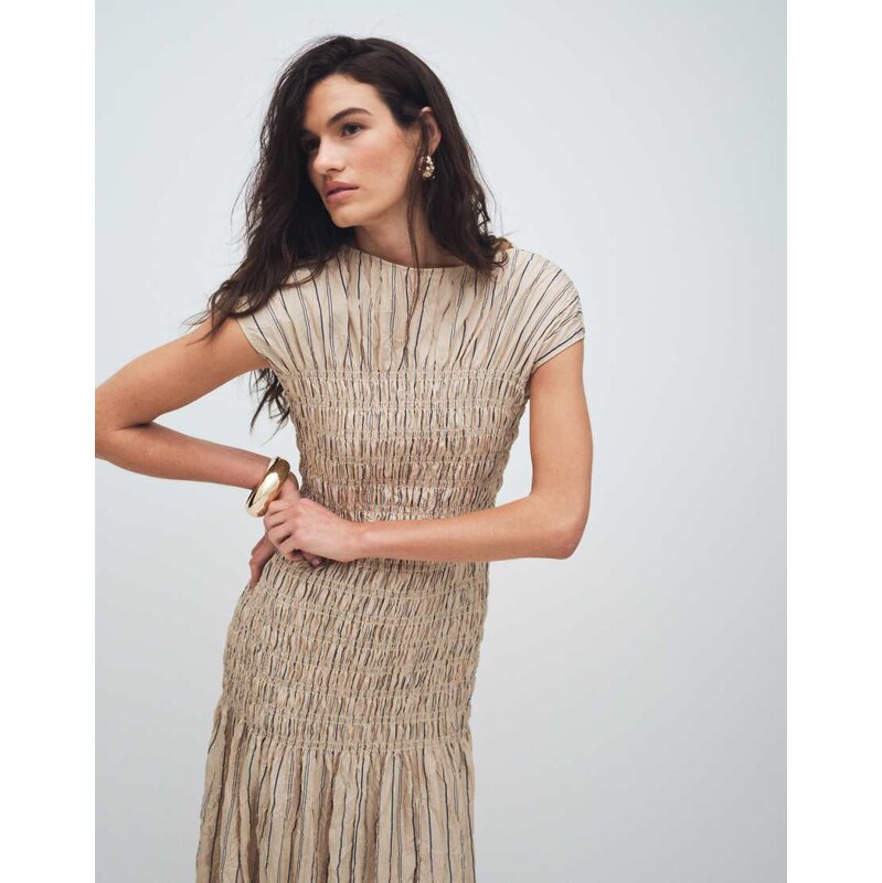 & Other Stories ruched crinkle maxi dress in beige-Neutral