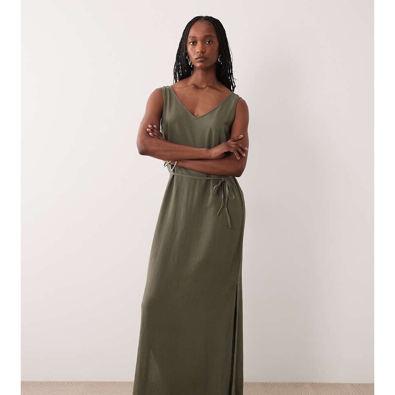 JDY Tall tie waist linen blend maxi dress in khaki-Green 114774532