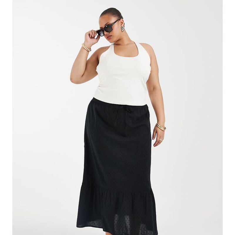 Vero Moda Curve dobby texture boho maxi skirt in black