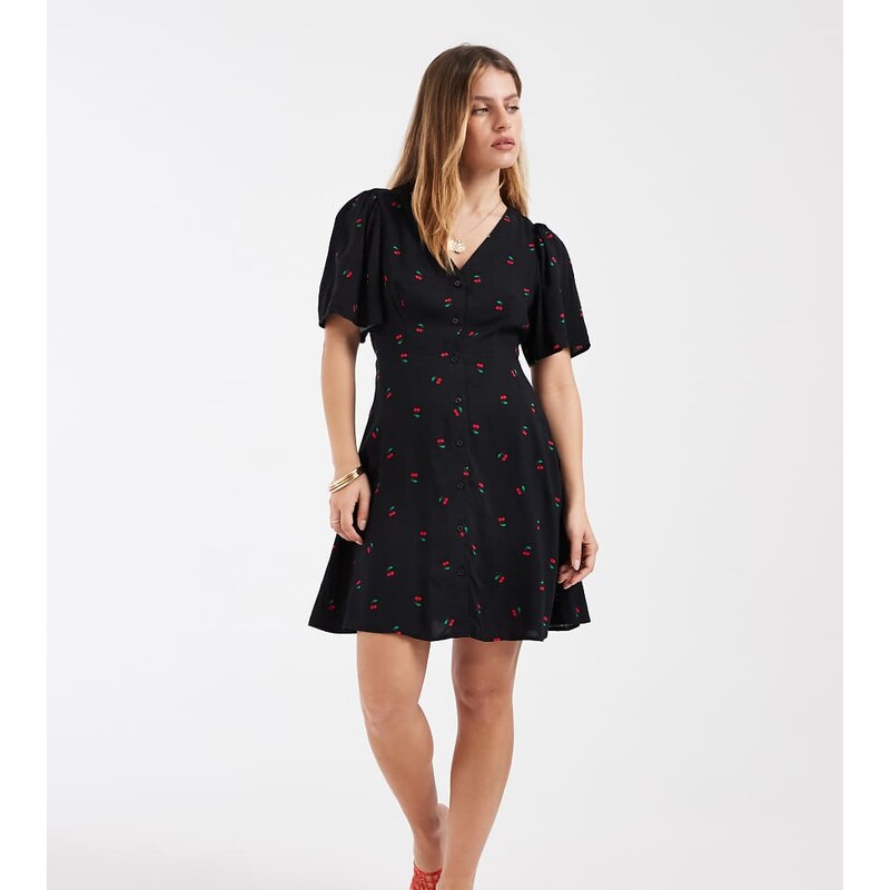 Vero Moda Petite button through mini skater dress with cherry