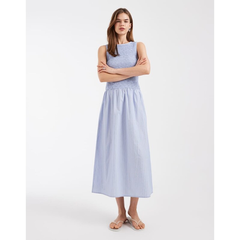 Vero Moda shirred bodice midi dress in blue stripe print-Pink