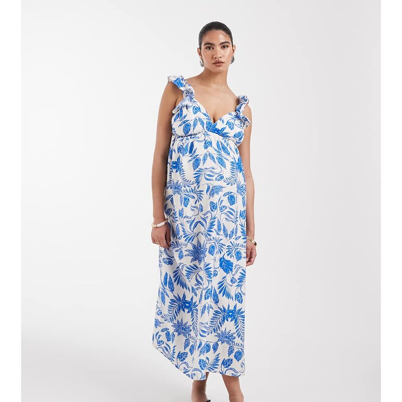 Vero Moda Maternity ruffle shoulder v neck maxi dress in blue
