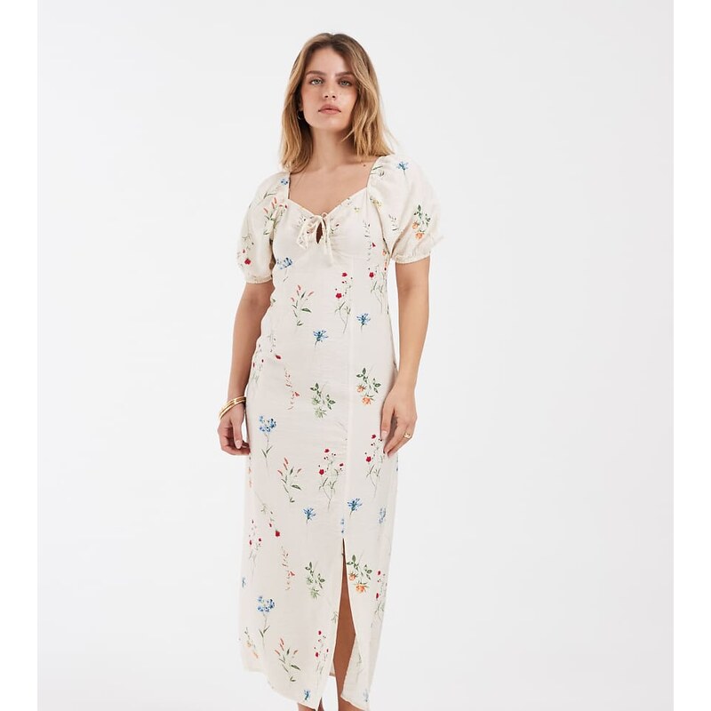 Vero Moda Petite puff sleeve tie front detail maxi dress in