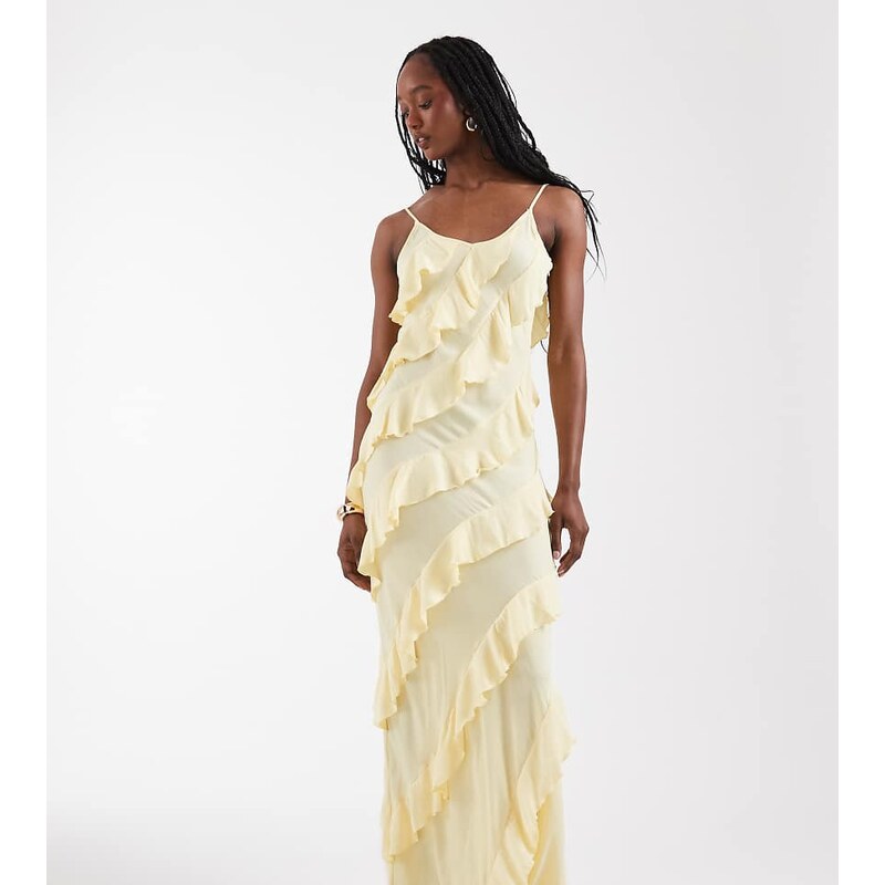 Vero Moda Tall bias cut ruffle cami maxi dress in pale yellow