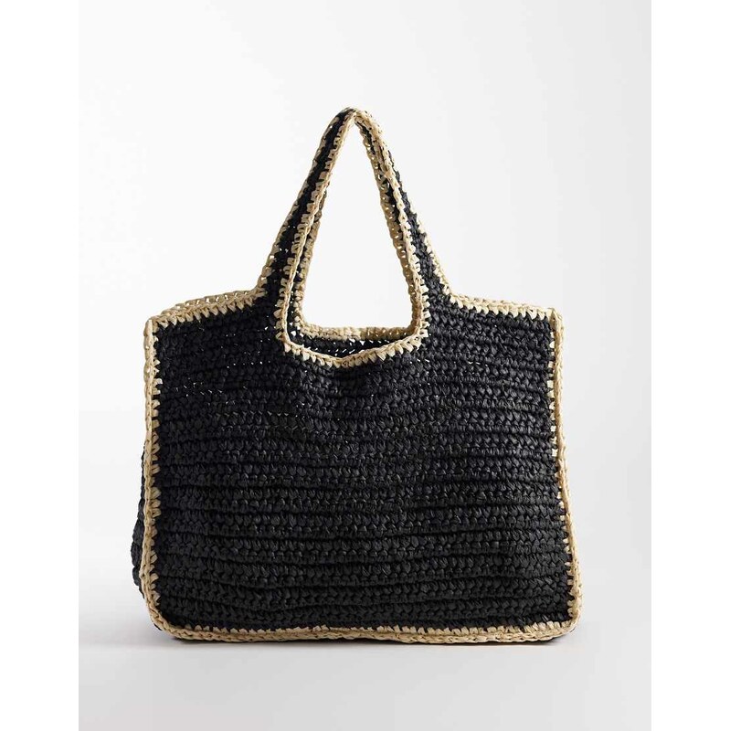 Pieces woven straw beach bag in black with natural edges 114774573