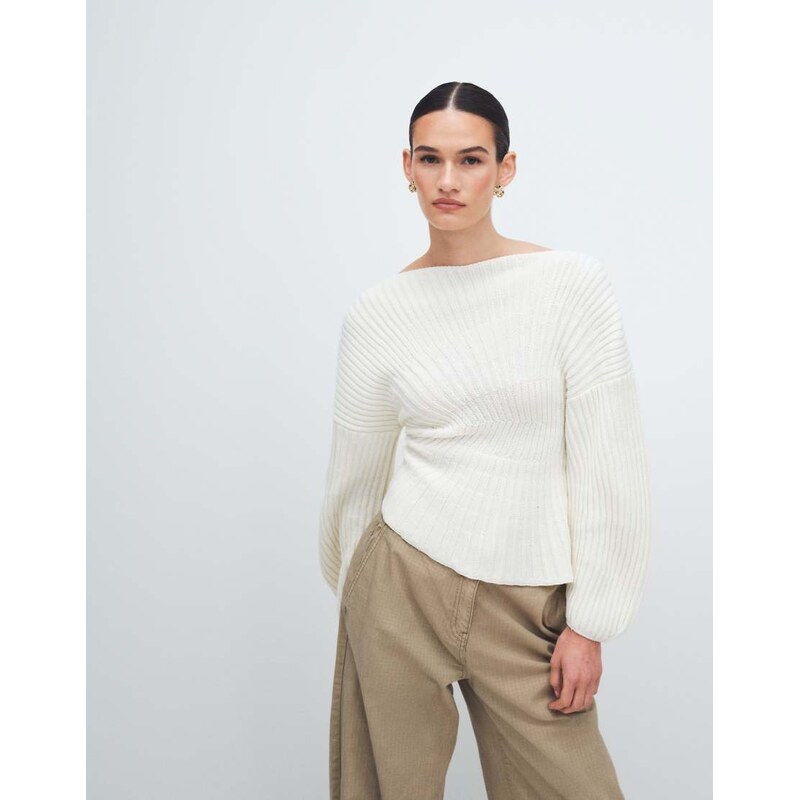 ASOS DESIGN knitted cinched pleated jumper in ecru-White