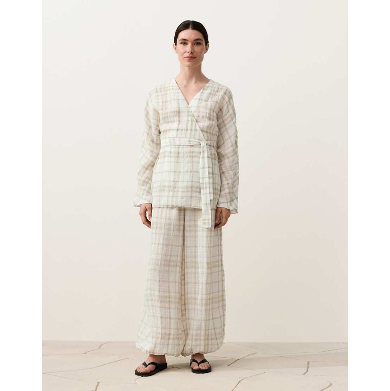 OYSHO 100% linen check kimono shirt in beige-Neutral