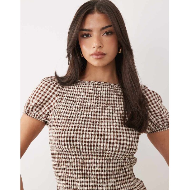 ASOS DESIGN shirred puff sleeve top in brown gingham-Multi