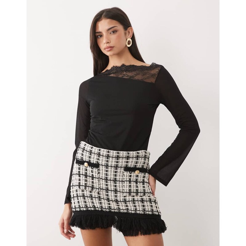 ASOS DESIGN long sleeve top with lace neckline detail in black