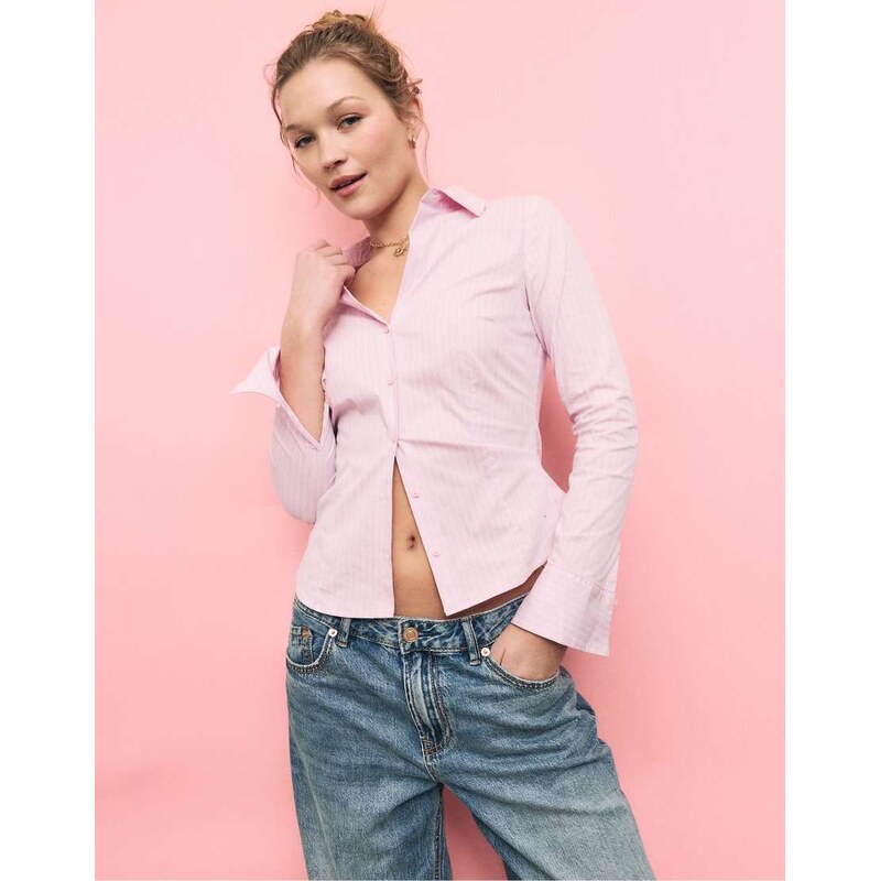Stradivarius Basic striped fitted shirt in pale pink 114775003