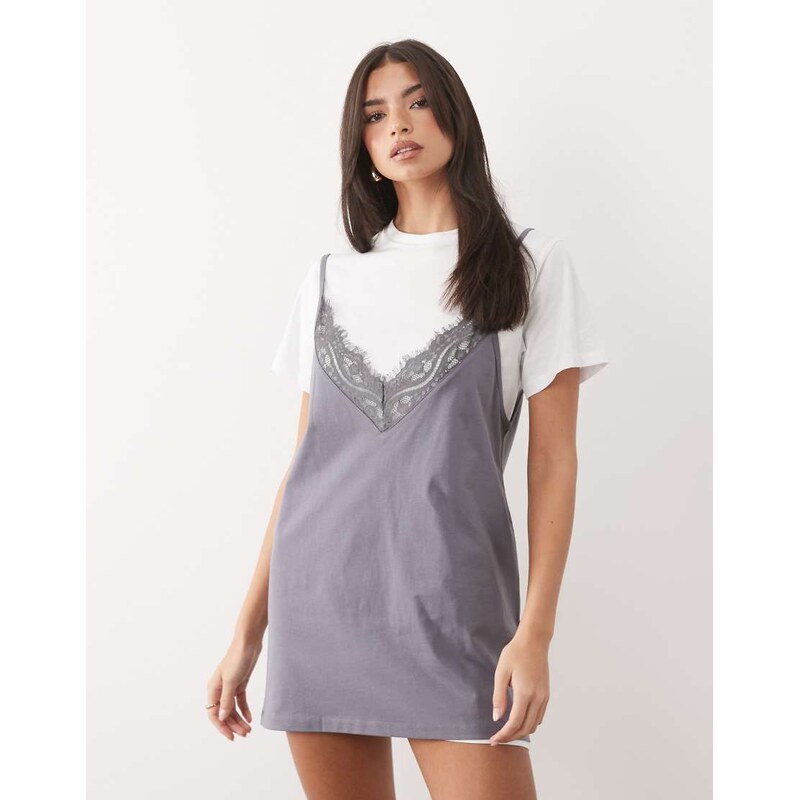 ASOS DESIGN short sleeve lace overlay mini dress in white and