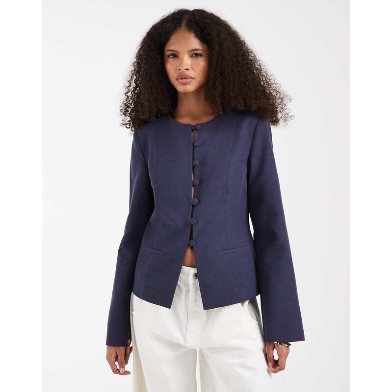 ASOS DESIGN button up linen fitted blazer in-Blue