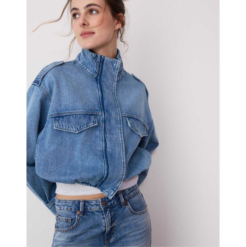 Stradivarius Balloon denim jacket in medium light blue denim
