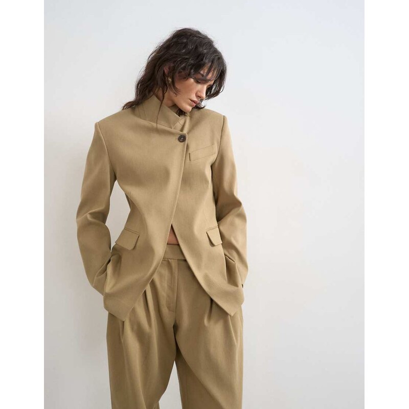 Topshop funnel neck blazer in stone-Neutral 115523064