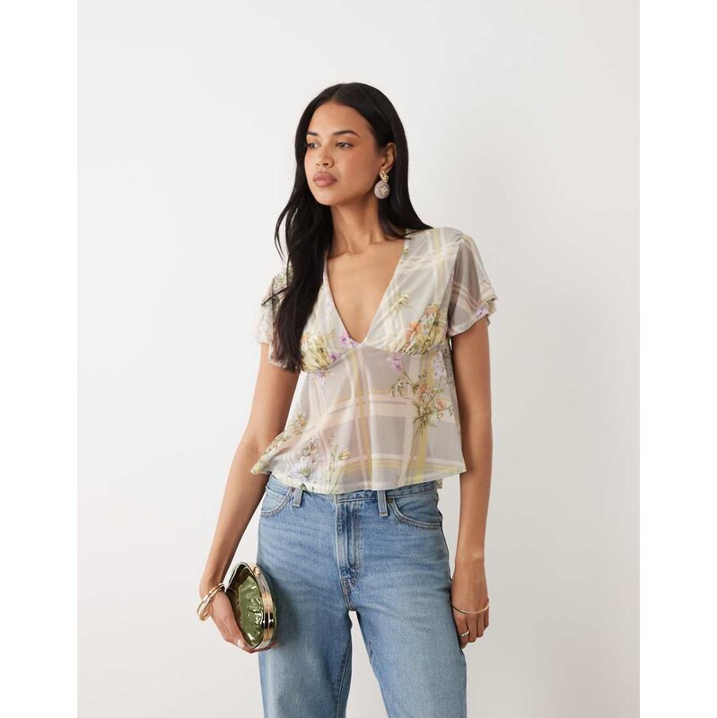 ASOS DESIGN printed stretch chiffon flutter sleeve top in floral