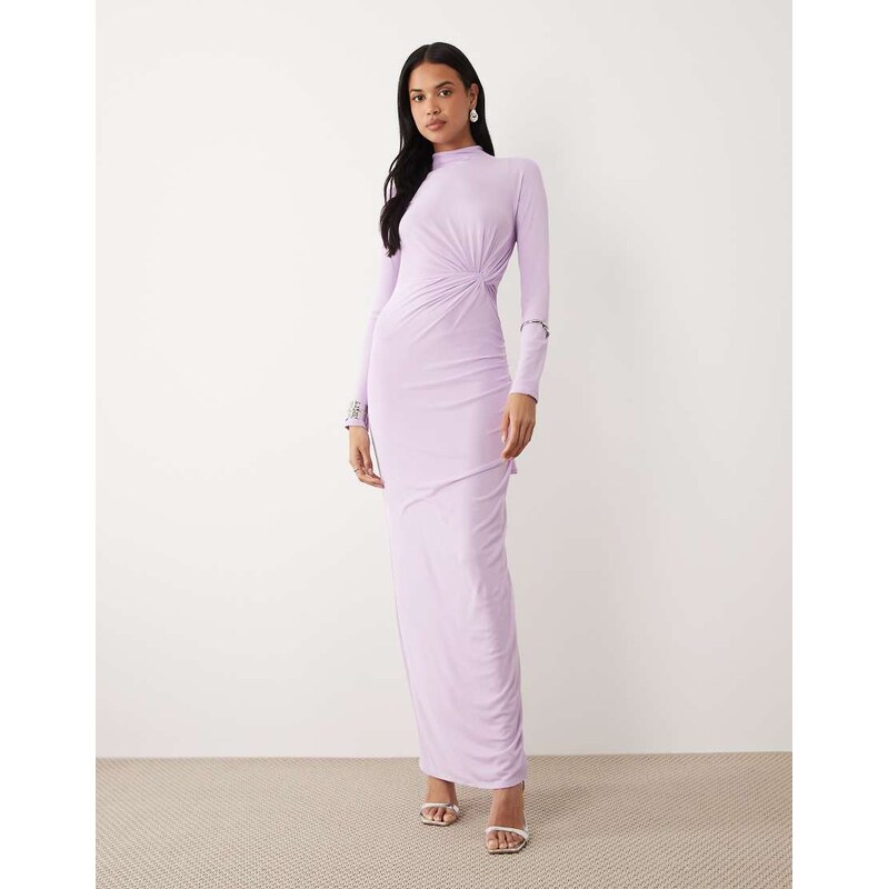 ASOS DESIGN mesh long sleeve twist bust detail halter maxi dress