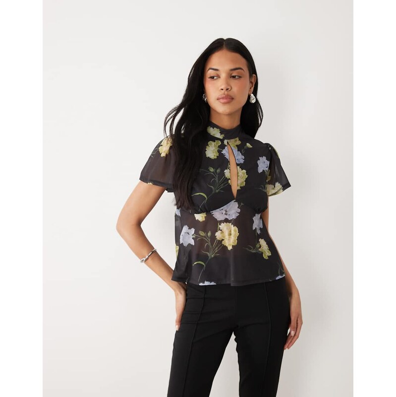 ASOS DESIGN floaty mesh flutter sleeve top with tie back detail