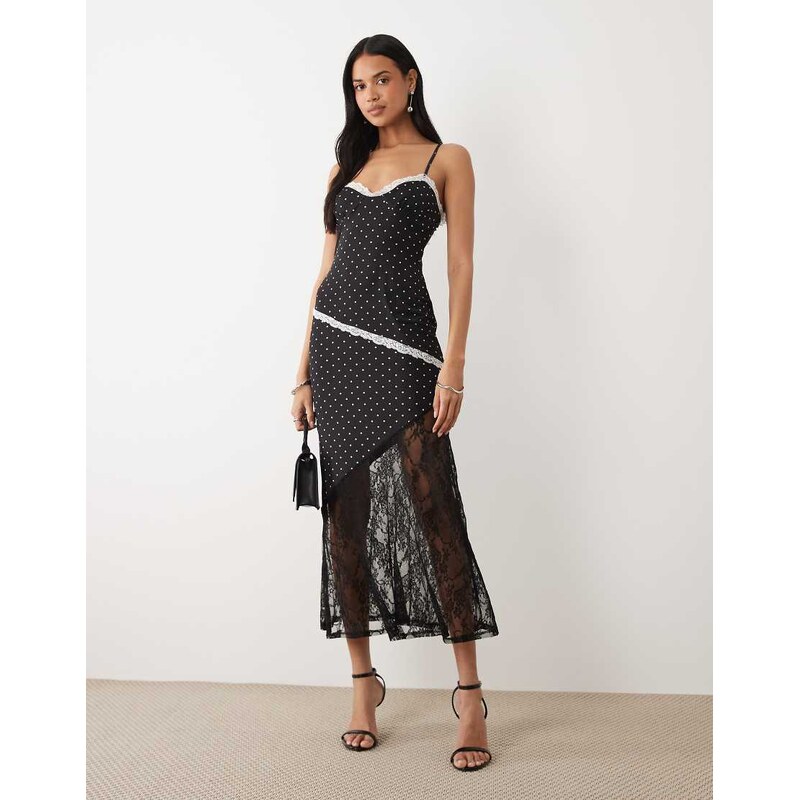 ASOS DESIGN spot printed mesh midi length dress with lace panel