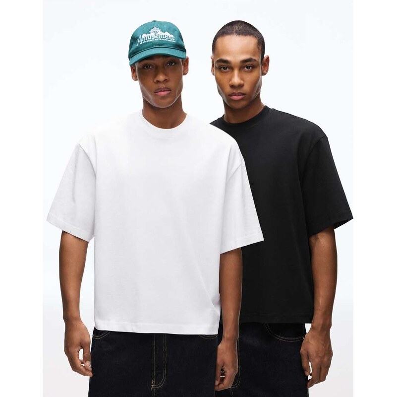 Bershka 2-pack of boxy short sleeve t-shirts in black and white 114775291