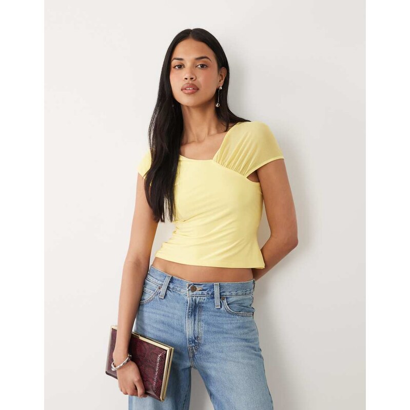ASOS DESIGN slinky top with mesh shoulder in yellow