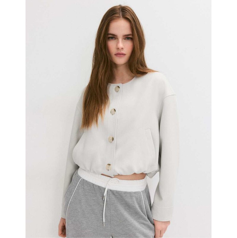 Stradivarius Puff sleeve round neck jacket in ecru-White 114775426
