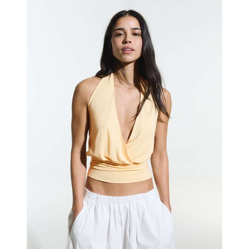 Bershka Crossover ruched cummerbund top in yellow