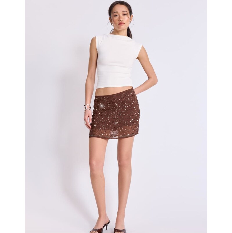 Stradivarius Embroidered mini skort in brown 114775545