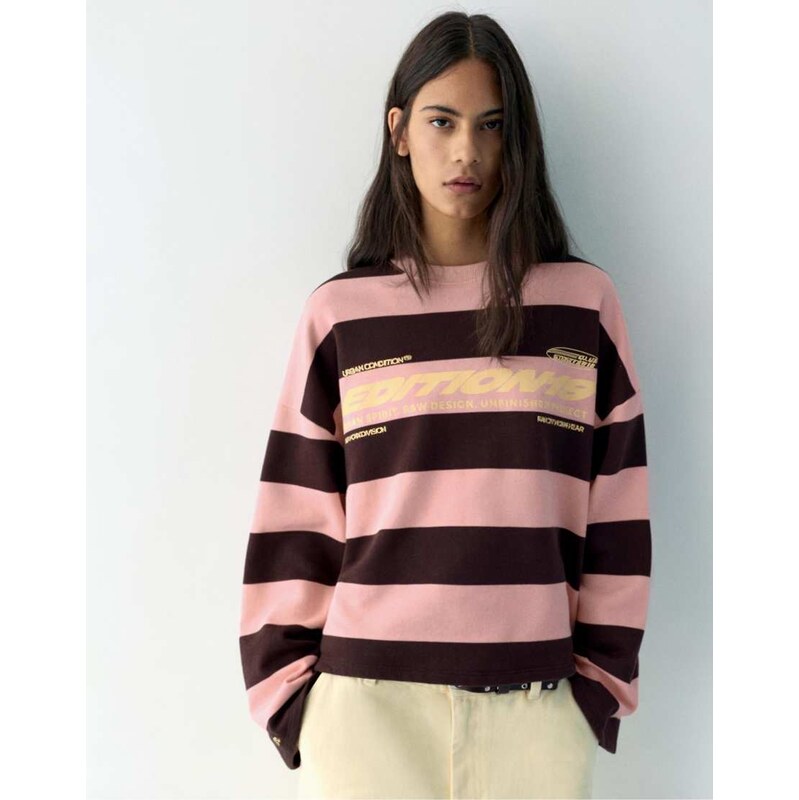 Pull&Bear Striped crew neck sweatshirt with slogan in medium pink 114775546