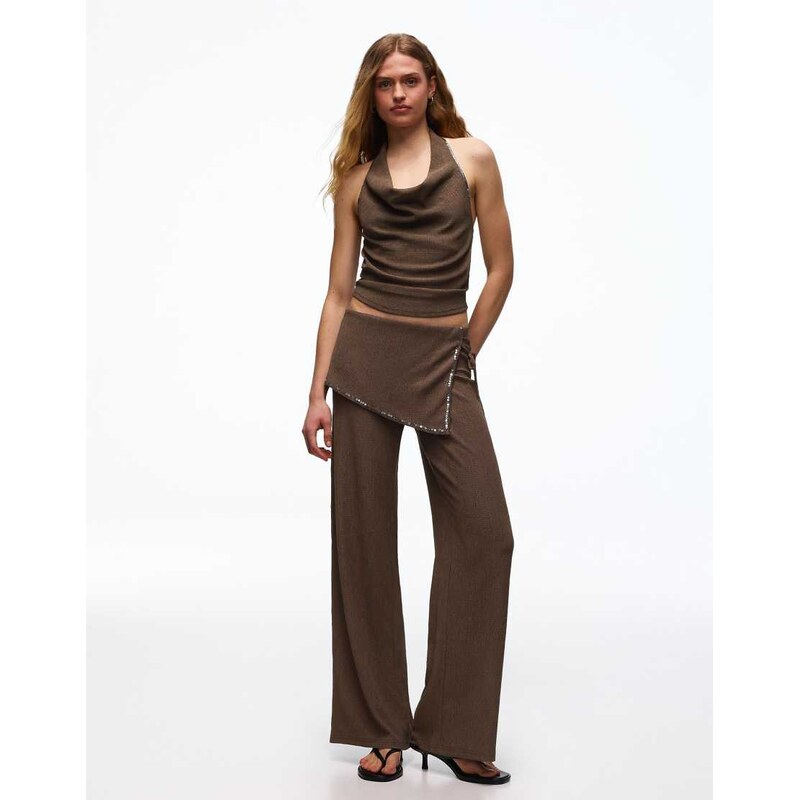 Bershka Trousers with sequin overskirt in brown 114775547