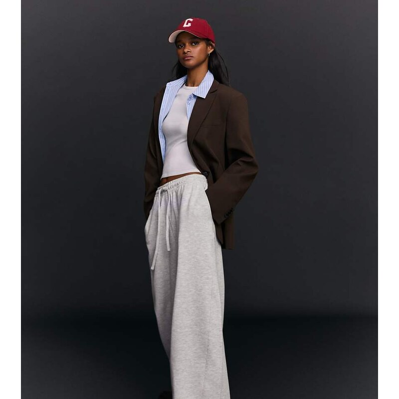 Bershka Petite barrel plush trousers with stoppers in light grey
