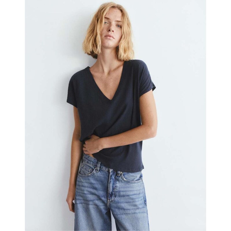 Pull&Bear V-neck linen blend t-shirt in medium grey 114775554