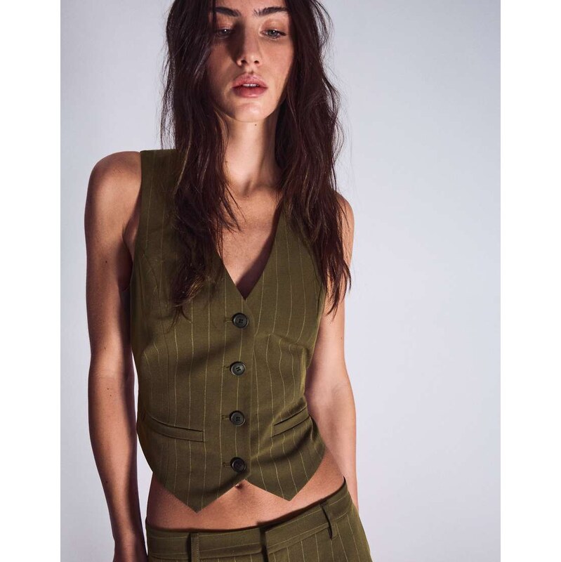 Bershka Striped vest with back buckle in khaki-Green