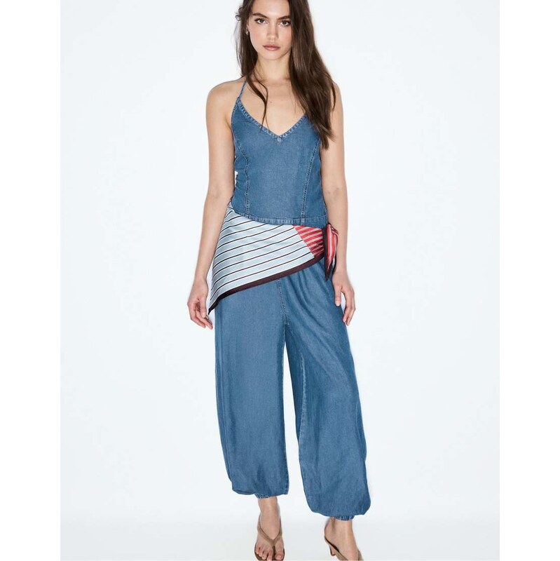Stradivarius Halter denim jumpsuit with scarf in medium light