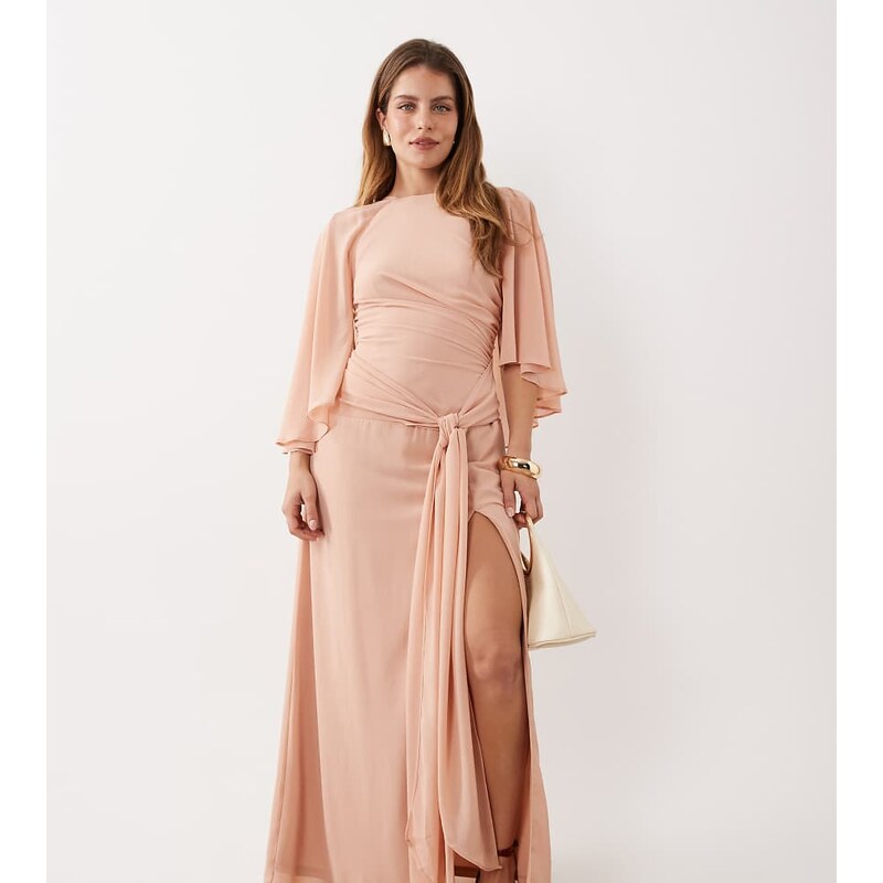 TFNC Petite Bridesmaids cape chiffon maxi dress with tie front in pink 114860433