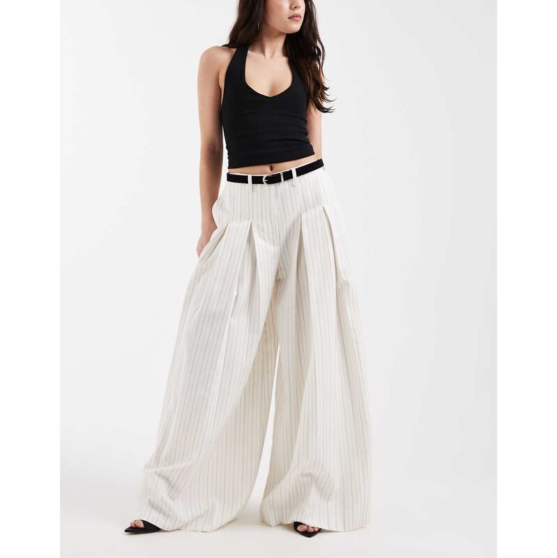 ASOS DESIGN tailored belted palazzo trousers with linen in ecru
