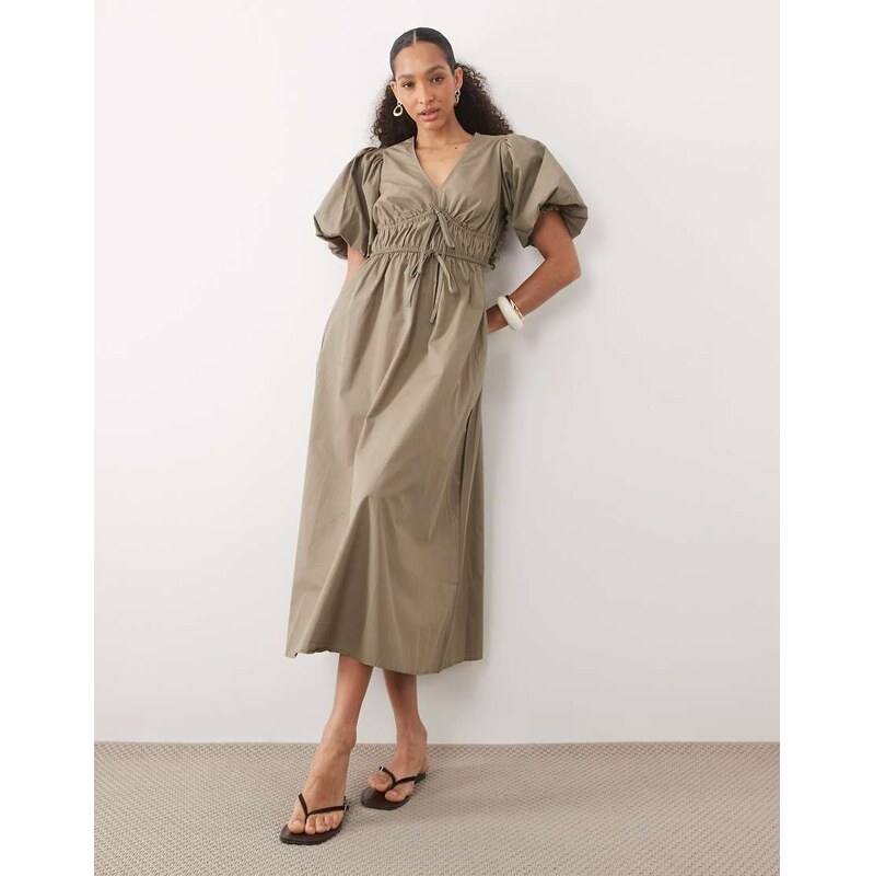 New Look puff sleeve v neck midi dress in dark khaki-Green