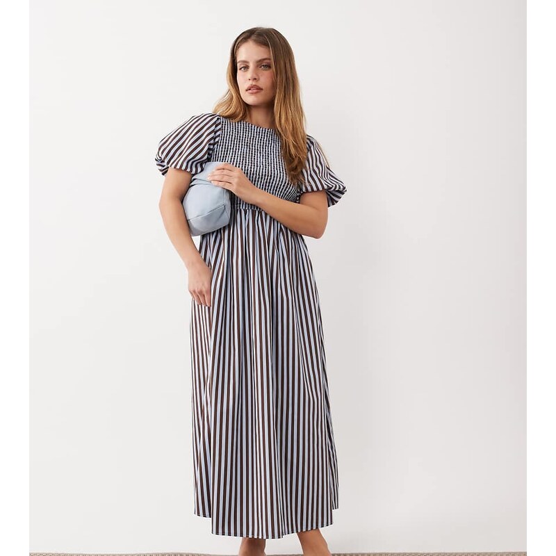 New Look Petite stripe shirred midi dress in blue