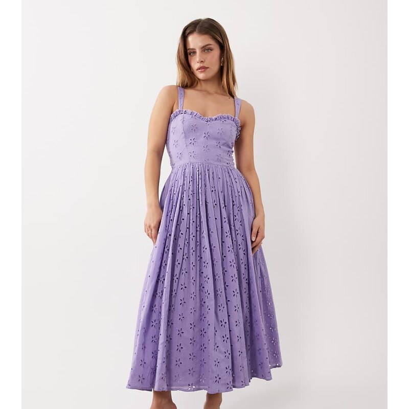 Lace & Beads Petite broderie cotton corset midaxi dress in lilac