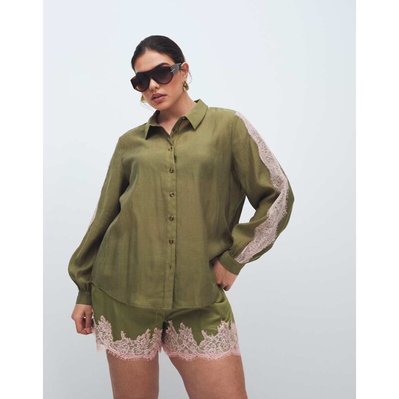 Never Fully Dressed satin lace detail button down shirt co-ord