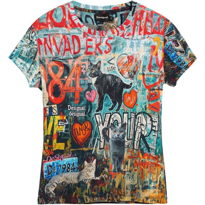 Desigual Tričko Cats azurová modrá / oranžově červená / tmavě