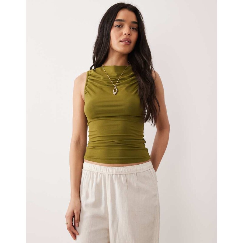 Miss Selfridge ruched front slash neck top in khaki-Green 114781050