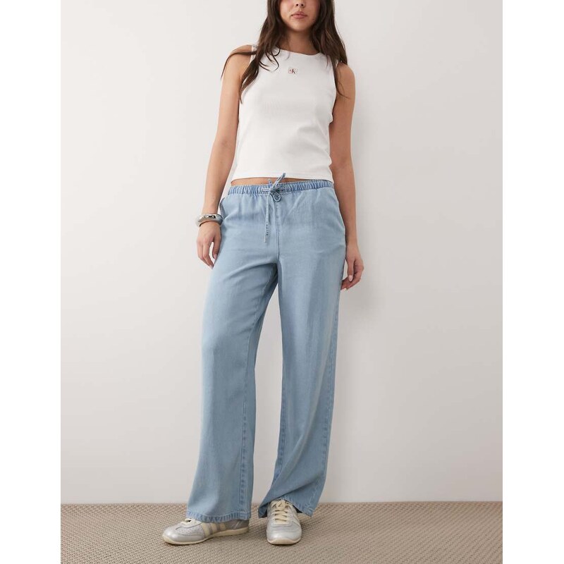 JDY Mira mid waist wide leg pull on jean in light blue denim 114220841