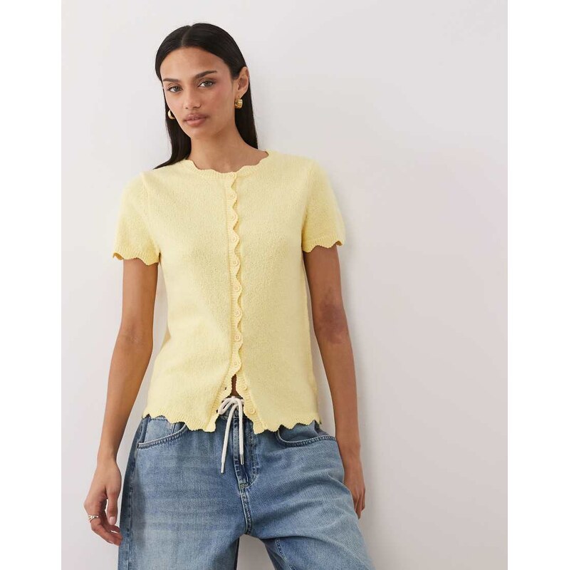 ASOS DESIGN slub yarn cardigan with scallop edges in buttermilk