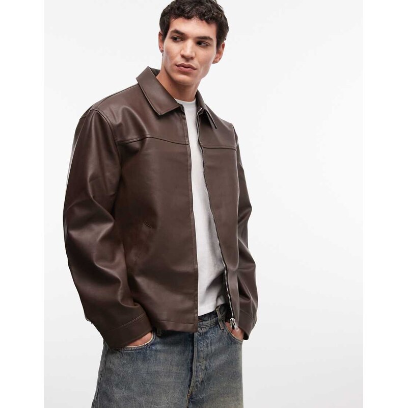 ASOS DESIGN faux leather harrington jacket in brown