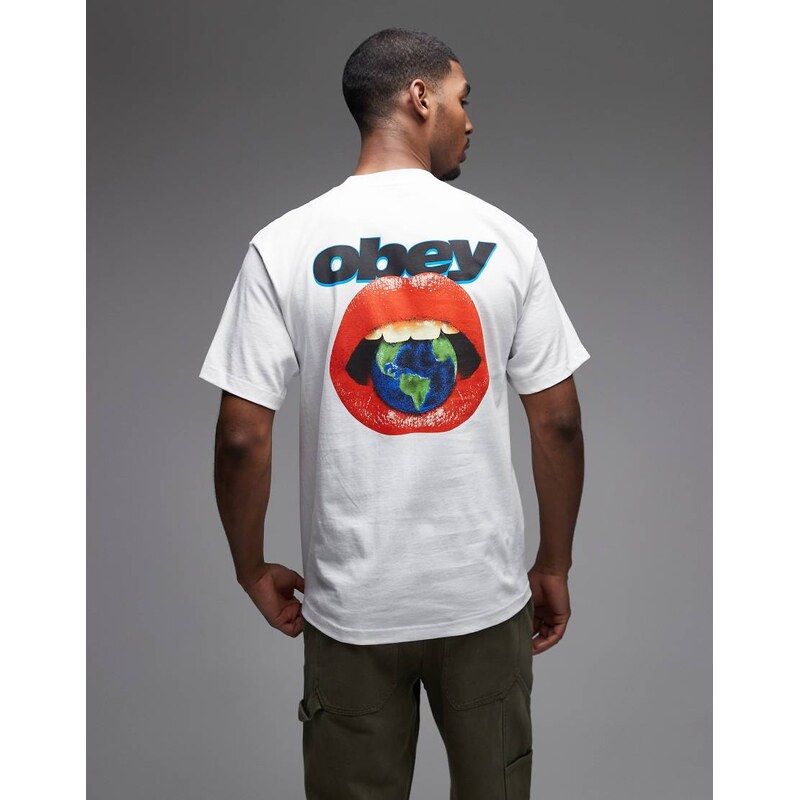 Obey lips graphic t-shirt with back print in white