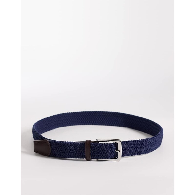 ASOS DESIGN woven belt with faux leather tip in navy