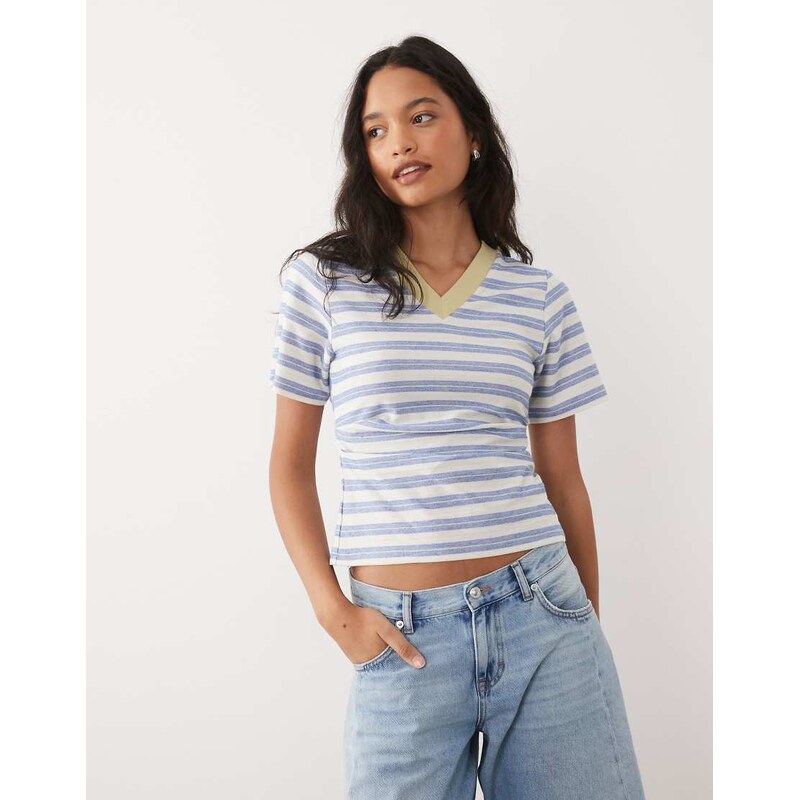 ASOS DESIGN contrast rib v neck cinched waist top in blue stripe