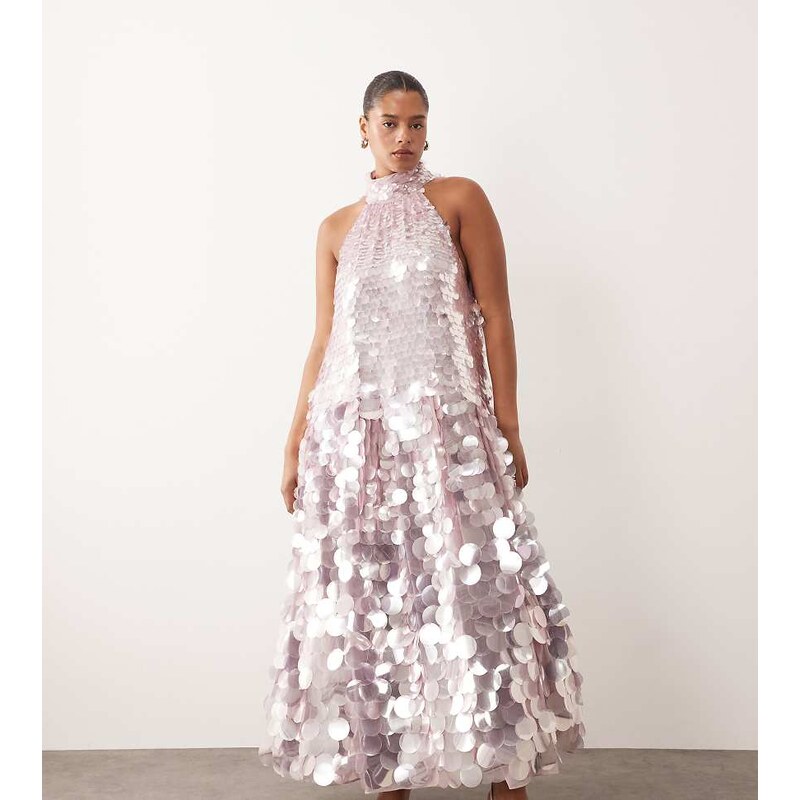 ARRANGE Curve disc sequin halter trapeze maxi dress in lilac